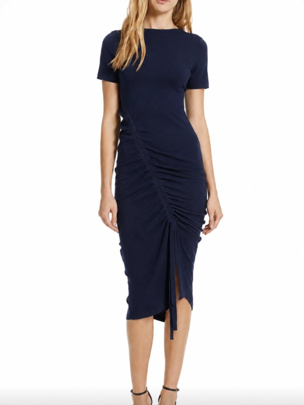 MILLY "Twisted Drawstring" Ruched Knit Short Sleeve Midi Dress Navy Blue S $395